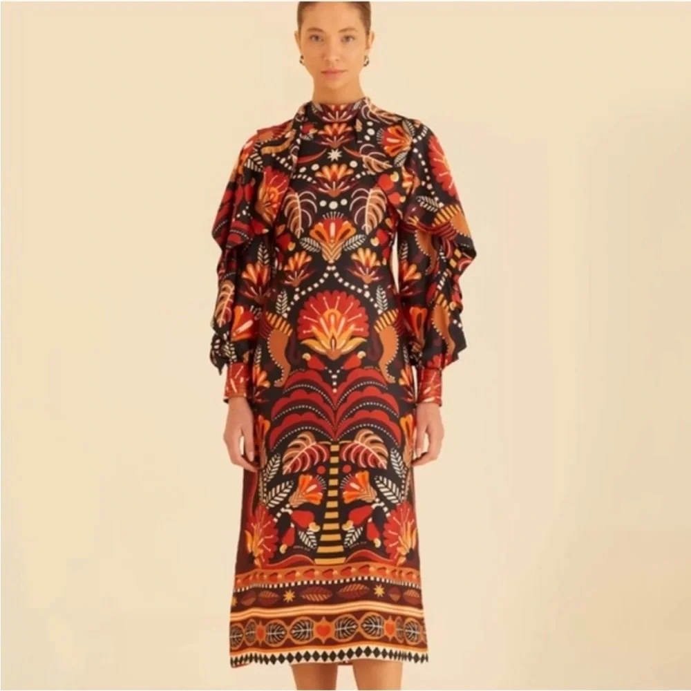 FARM Rio Long Sleeve Dress - Black, Orange, Red - Picture 1 of 4